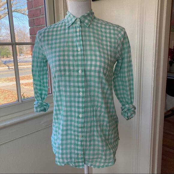 J. Crew Tops - J. Crew Crinkled Gingham Boy Shirt Green and White Check Size 00
